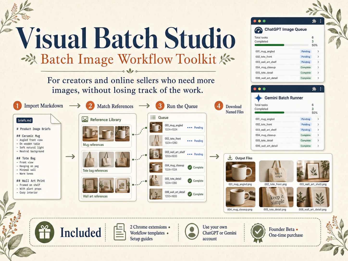 Visual Batch Studio workflow from Markdown prompts to named image files